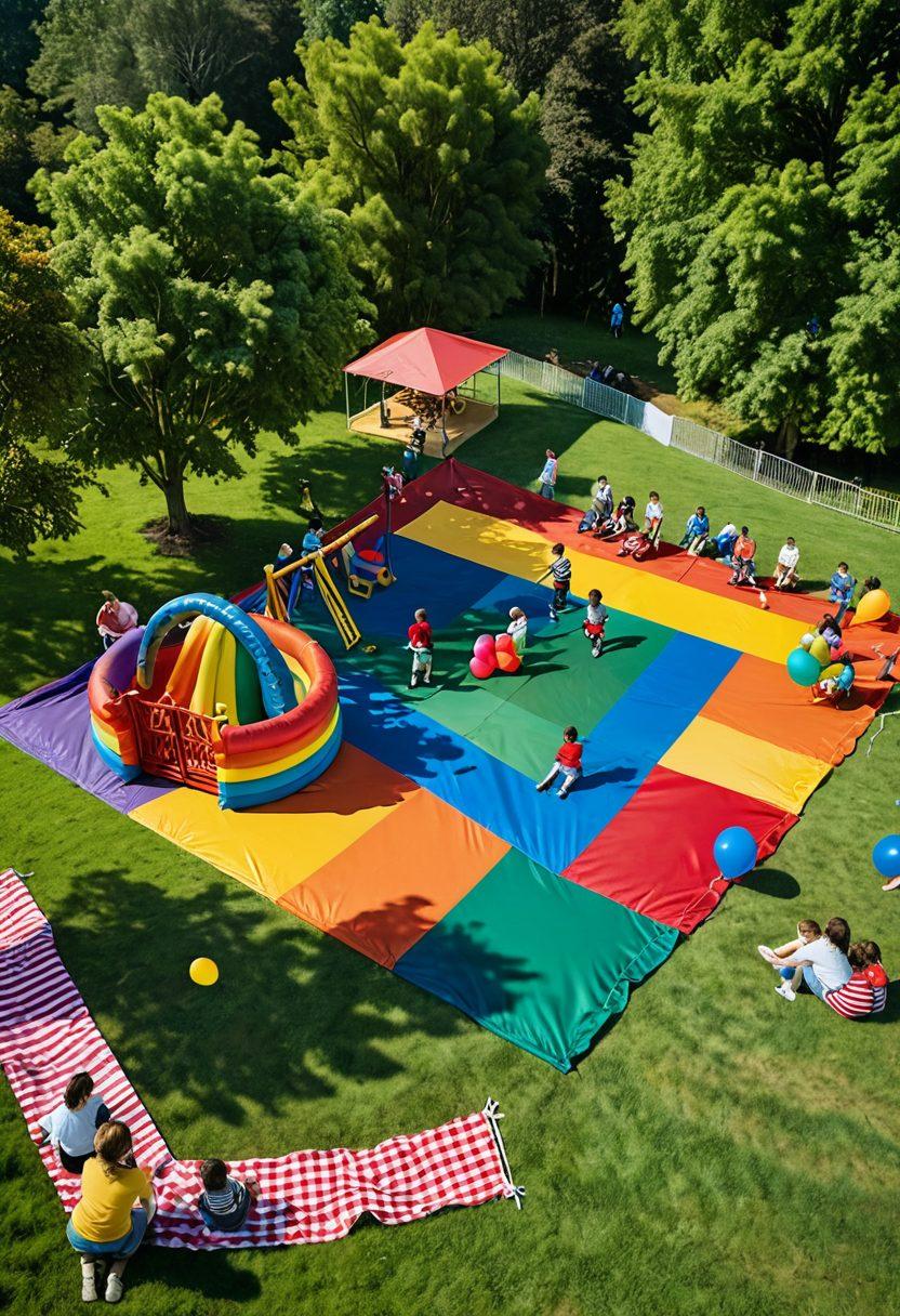 A vibrant playground scene filled with children of diverse backgrounds playing together, showcasing activities like a colorful obstacle course, a picnic area with families, and a rainbow of balloons in the sky. Include cheerful parents watching and interacting, with lush greenery surrounding the area, emphasizing safety and inclusivity. Playful, animated style. bright colors. cheerful atmosphere.