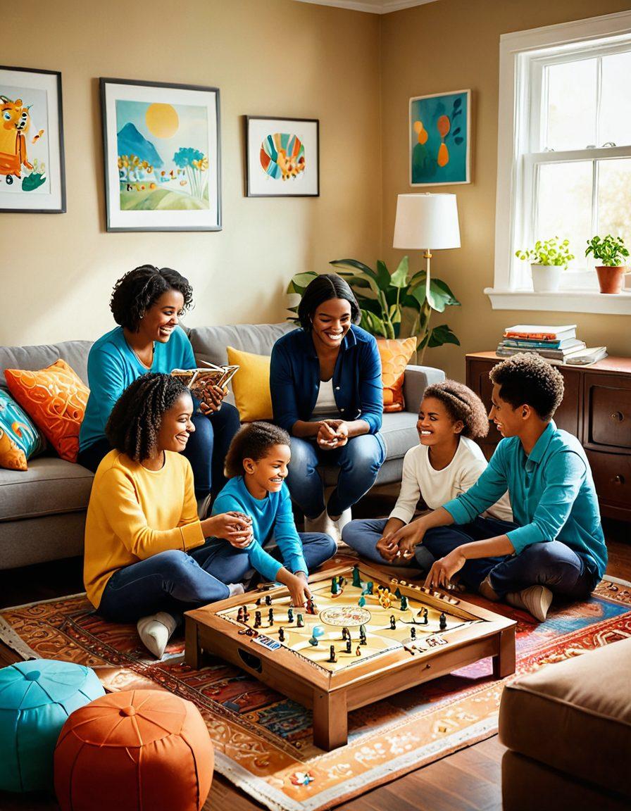 A cozy living room scene featuring a diverse family engaged in a fun board game, surrounded by soft cushions and warm lighting. There are playful decorations like colorful art on the walls and a corner with children’s books and toys, symbolizing a safe and nurturing environment. Emphasize happy expressions on the family members' faces, showcasing joy and togetherness. bright and cheerful colors. digital painting.