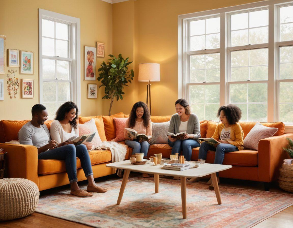 A cozy living room scene featuring a diverse group of parents engaging joyfully in different activities with their children, such as reading books, playing games, and sharing snacks. The atmosphere is warm and inviting, with colorful decorations and family photos on the walls, embodying a sense of community and togetherness. Soft sunlight filters through the windows, enhancing the comforting vibe. vibrant colors. warm tones. soft sunlight.